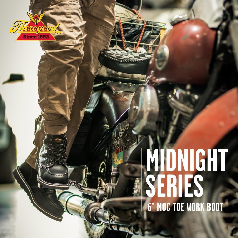 imageThorogood American Heritage 6 Moc Toe Work Boots for Men  Soft Toe Premium FullGrain Leather with SlipResistant Wedge Outsole and Comfort Insole EH RatedBlack Midnight Series