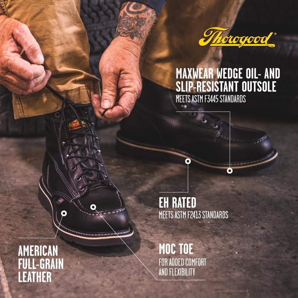 imageThorogood American Heritage 6 Moc Toe Work Boots for Men  Soft Toe Premium FullGrain Leather with SlipResistant Wedge Outsole and Comfort Insole EH RatedBlack Midnight Series