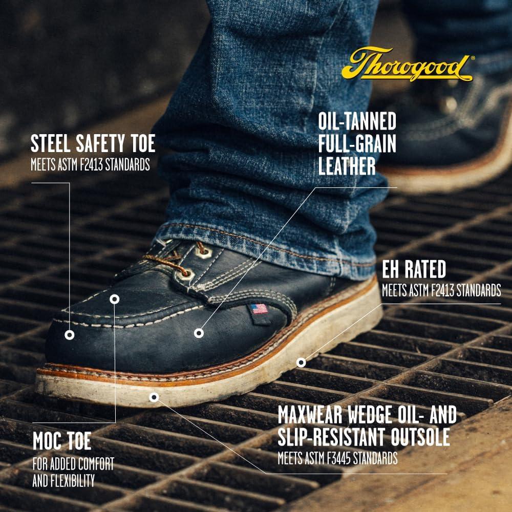 imageThorogood American Heritage 6 Steel Toe Work Boots for Men  FullGrain Leather with Moc Toe SlipResistant Wedge Outsole and Comfort Insole EH RatedBlack