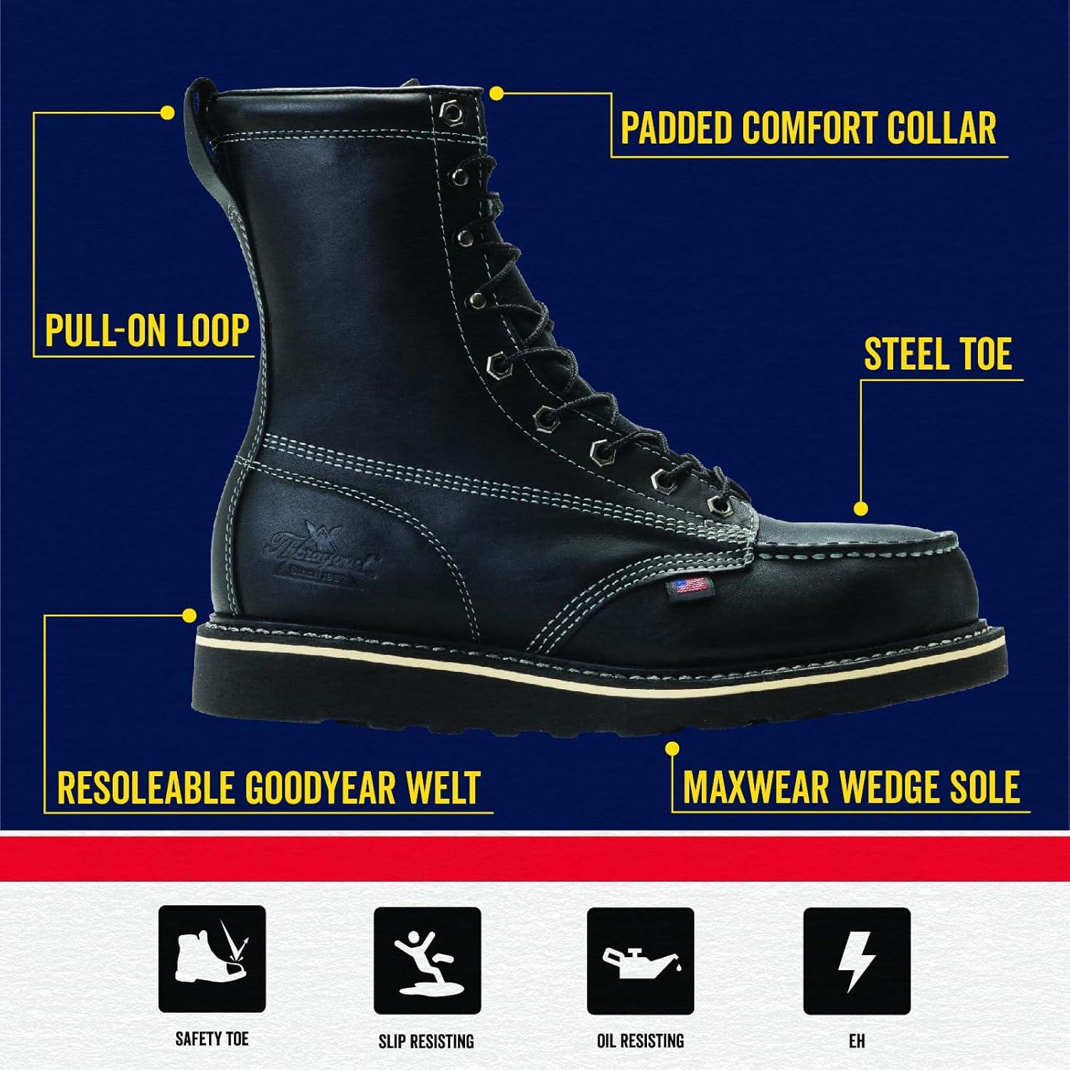imageThorogood American Heritage 8 Steel Toe Work Boots for Men FullGrain Leather with Moc Toe SlipResistant Wedge Outsole and Comfort Insole EH RatedBlack Midnight Series