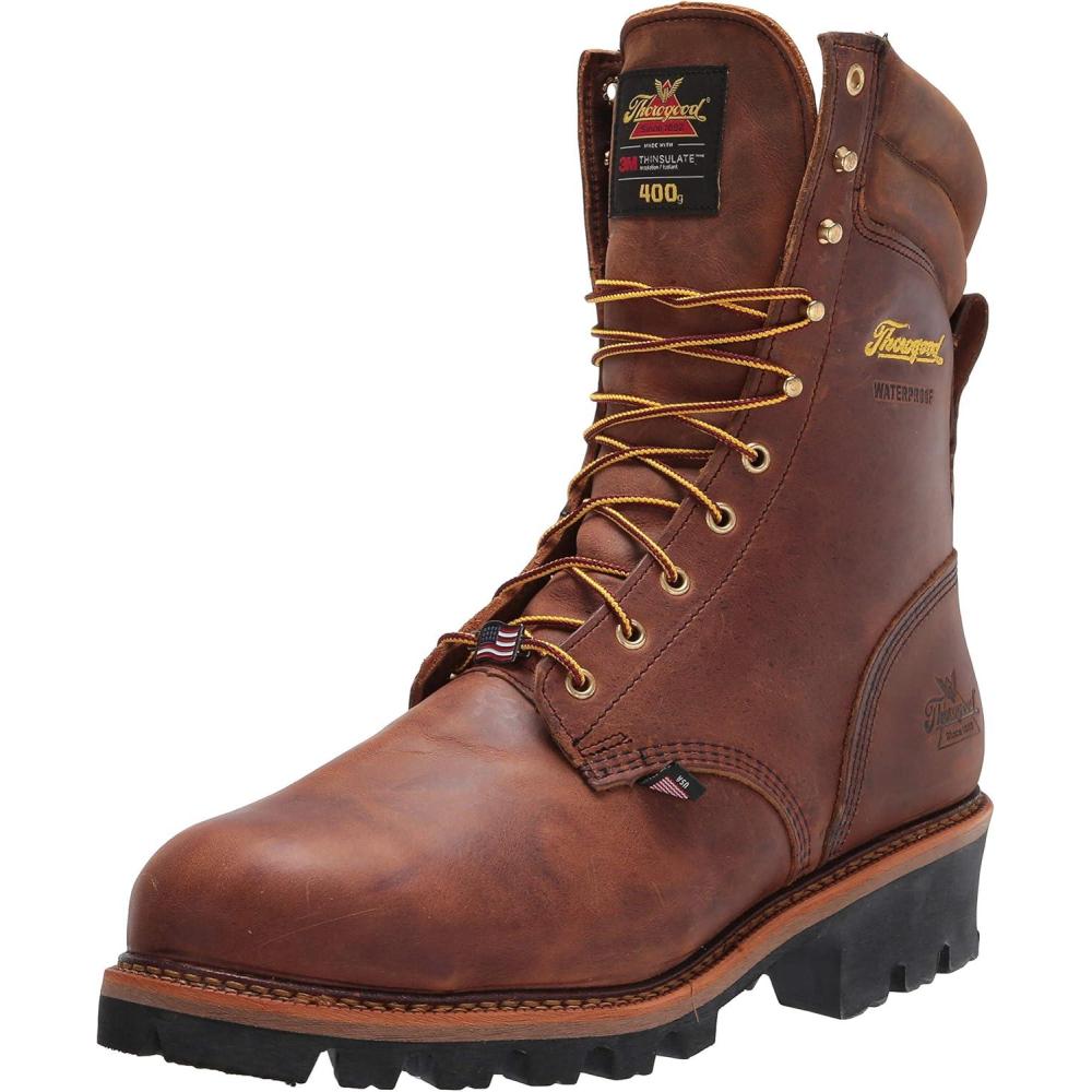 imageThorogood Logger Series 9 Waterproof Insulated Steel Toe Work Boots for Men Premium Leather with 400g Thinsulate and Vibram SlipResistant Heel OutsoleTrail Crazyhorse